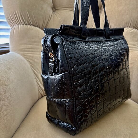 VTG Auth DONNA ELISSA Italy Genuine Crocodile Black Perforated Satchel Tote Bag - Picture 3 of 7